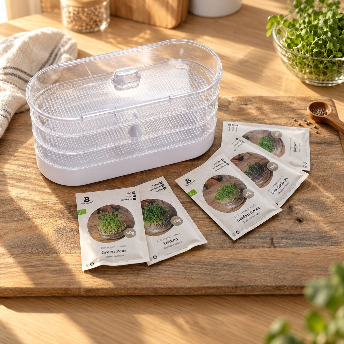 Zestaw microgreens z wieżą kiełkowniczą - 5 torebek nasion ekologicznych